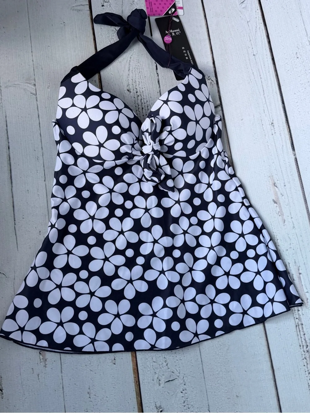 NWT AoManni Navy White Daisy Halter Swim Dress Tankini - TOP ONLY
